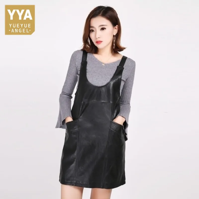 

2019 New Women Spring Autumn Black Genuine Leather Real Sheepskin Strap Dress Fashion Slim Office Party Midi Robe Plus Size 3XL