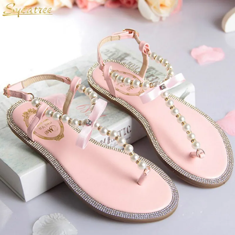 

Sycatree Women Sandals 2019 Summer Shoes Girl's Bow Diamond Pearl Women Sandals Flat Sandals Woman Shoes Larger Size 33-43