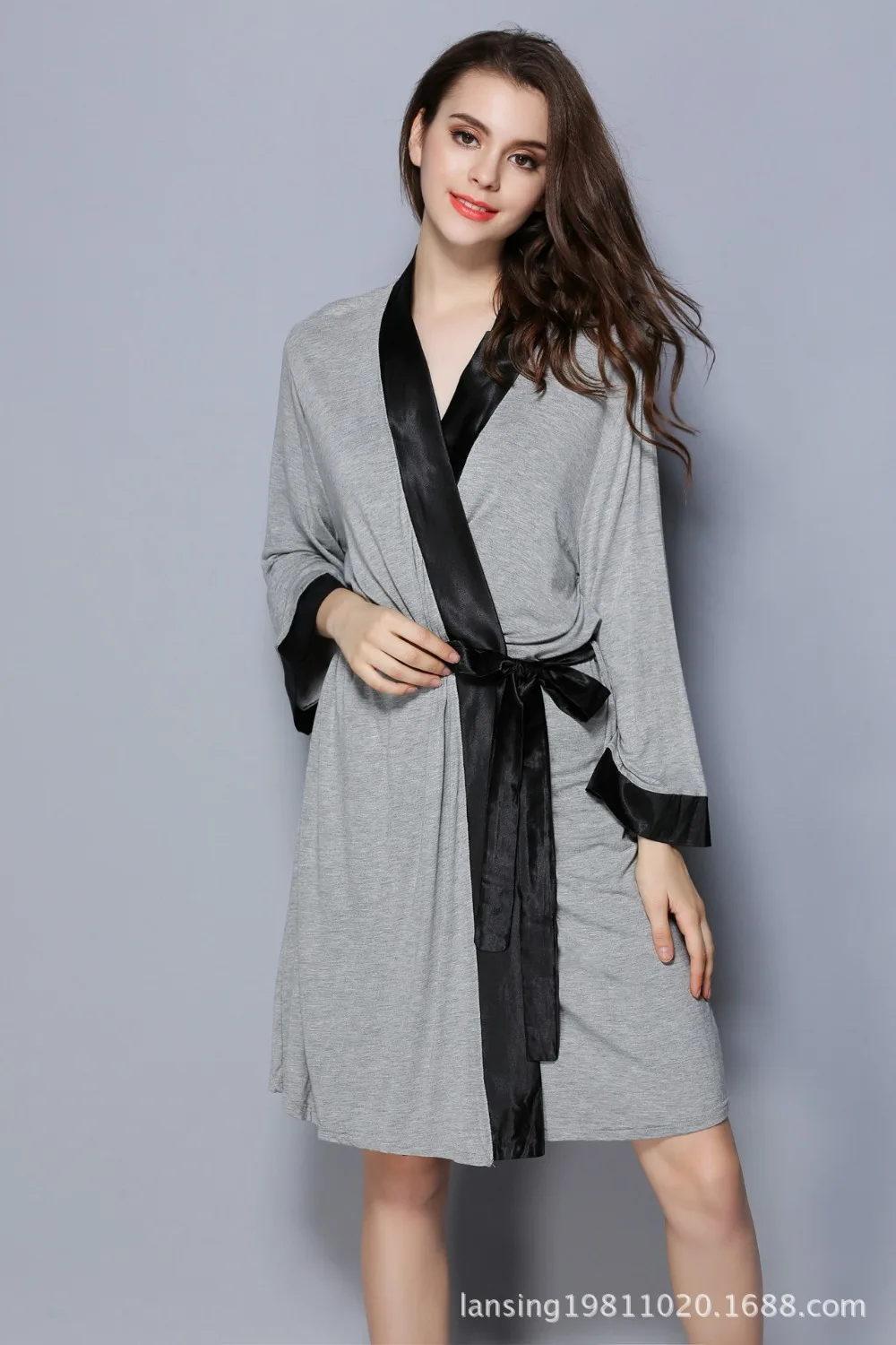 

Women's Spring modal hotel and home bath robe ladies' half sleeve contrast opening kimono and nightwear