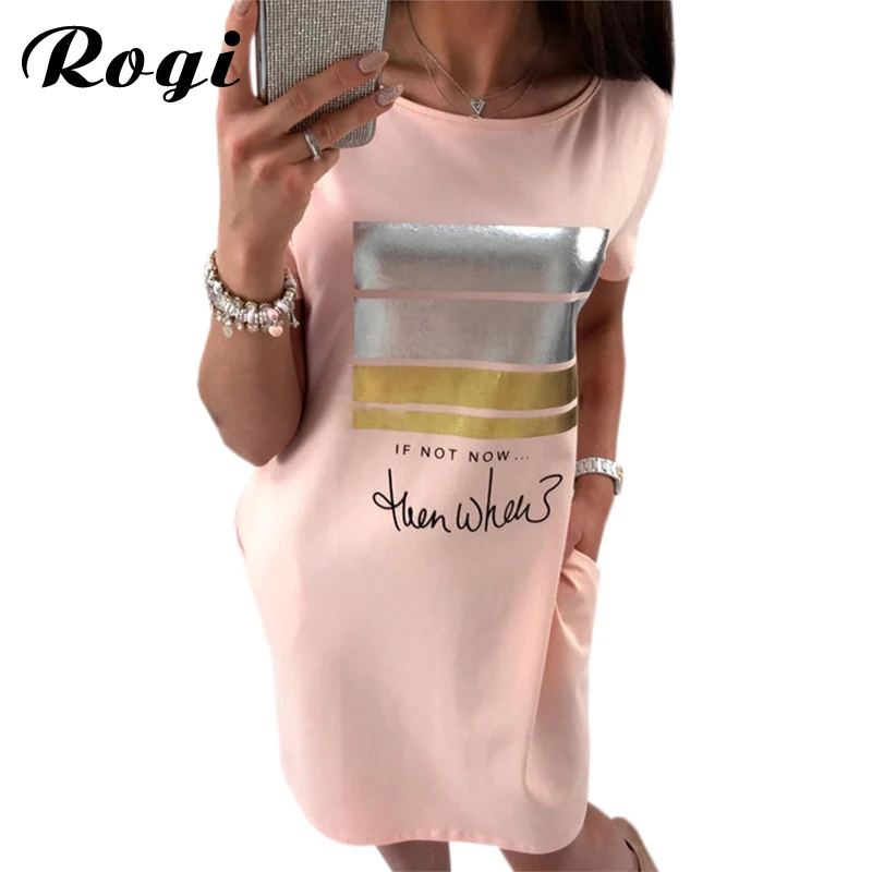 

Rogi Short Sleeve Straight Dress Women 2019 Summer Fashion Bronzing Print T Shirt Dresses Long Tops Vestidos Feminino Femme Ete