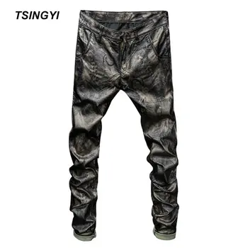 

Tsingyi Fleece Golden Feather Faux PU Leather Pants Men Motorcycle Pant Leather Straight Skinny Biker Men Pants Casual Trousers