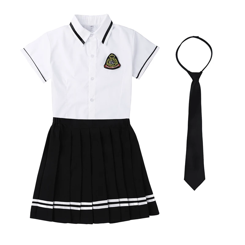 IIXPIN Japanese School Girl Uniform Suit navy sailor Costume T-shirt Black Pleated Skirt with Badge and Tie Sexy Girls Uniform