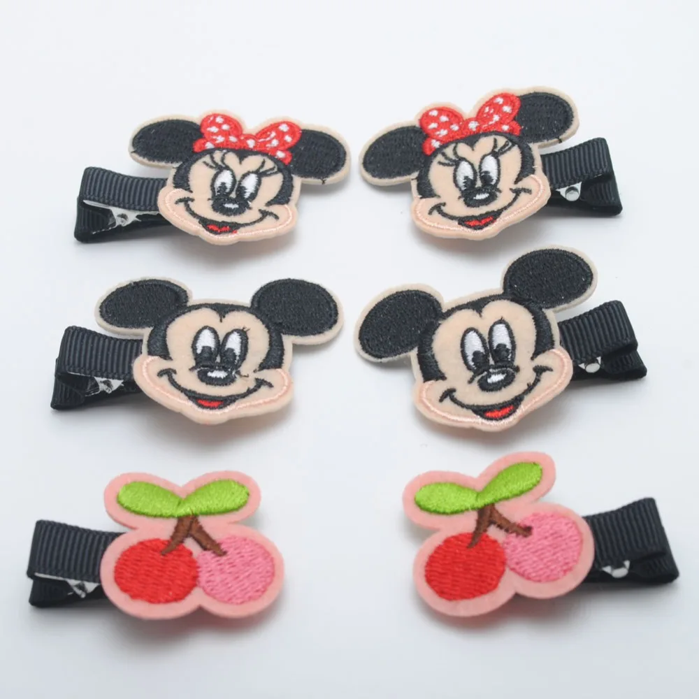

New Girls Embroidery Hair clips Mickey And Minnie Mouse Hairpins Cherry Hair Accessories Kids Birthday Gift