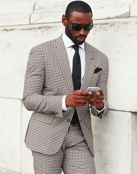 

Side Vent Two Button Plaid Groom Tuxedos Mens Prom Clothing Business Blazer Suits (Jacket+Pants+Tie)