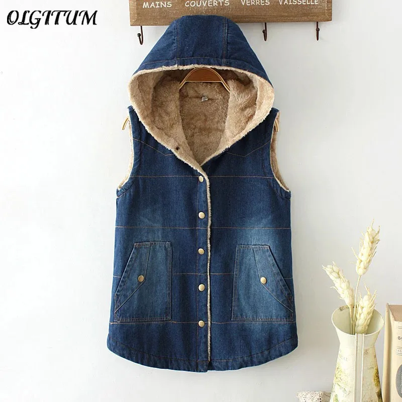

Women Cowboy Cotton Vest 2019 Autumn/Winter New Women Casual Loose Warm Plus Velvet Hooded Denim Vest Denim Female Jacket