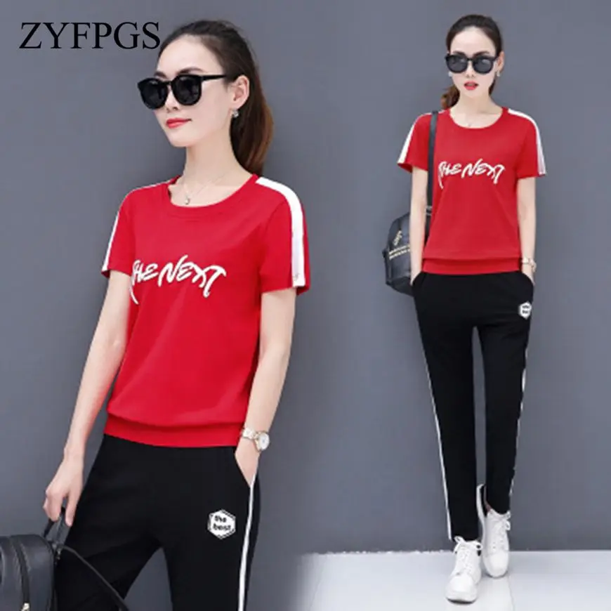 

ZYFPGS 2019 2 Piece Summer Tops Set Women Character Tracksuit For Women Short Sleeves And Long Pants Sweatshirt 4XL SALE Z0712