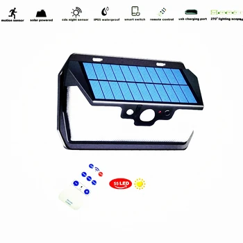 

55 LED 900lm Solar Light remote control radar usb port waterproof ip65 for outdoor yard door patio deck fence camp street