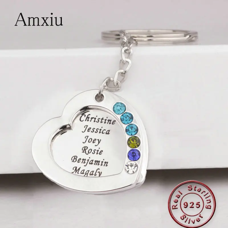 

Amxiu Custom Real 925 Silver Keychains Engrave Seven Names Key Chains with Birthstones For Mom Women's Day Gift Keys Accessories