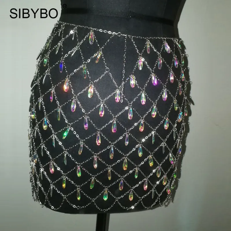 Sibybo, блестящая, кристальная, алмазная, облегающая юбка, женская, на цепочке, сексуальная, открытая, мини-юбка, летняя, для девушек, для ночного клуба, для вечеринки, юбки