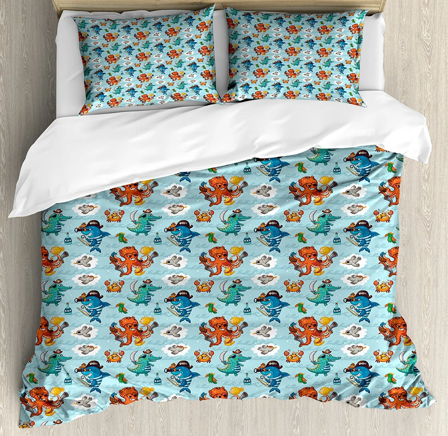 

Pirates Duvet Cover Set Pirates Crocodile Octopus Shark Crab Seagulls Parrot Bottle of Rum Cartoon Style 4 Piece Bedding Set