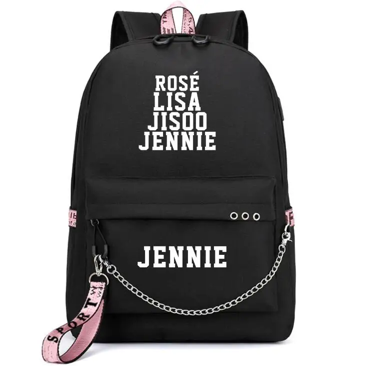 Bts Роза Lisa Дженни рюкзак с usb-портом школьные ранцы черный, розовый Mochila дорожные сумки для ноутбука рюкзак с цепочкой наушники с USB Порты и разъёмы - Цвет: photo color
