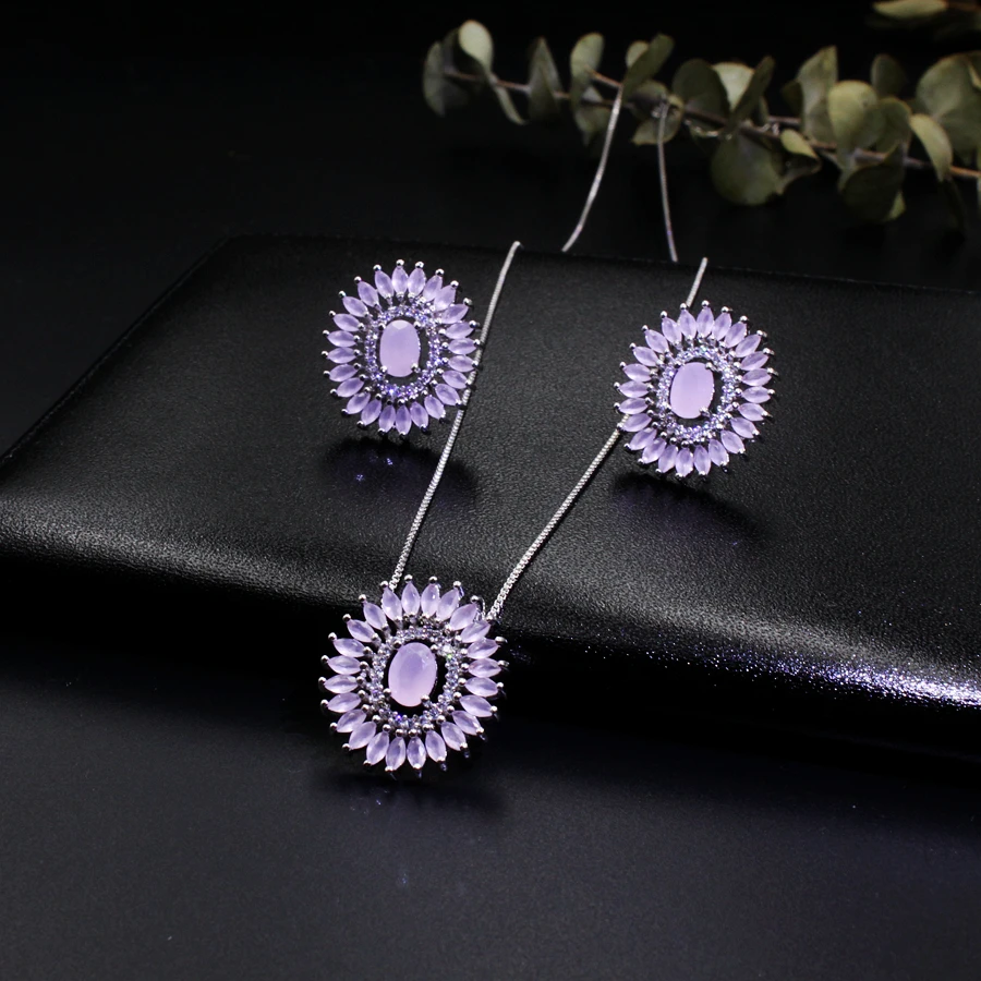 Round Flowers pendant necklace and  stud earring jewelry set4