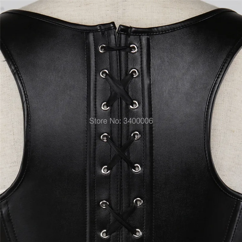 Caudatus Leather Corset Top Woman Zip Leather Corset Buckle Bustier SteamPunk Gothic Studded Corset Corselet Straps Vest Black