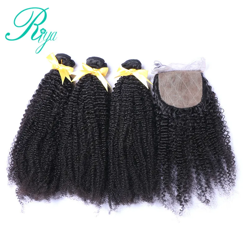 

Riya Hair Kinky Curly Hair Brazilian Human Hair 3 / 4 Wave bundles with 4*4 Silk Base lace Closure Remy Hair Extension