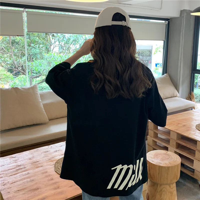 T-shirts Women Harajuku Milk Printed Kawaii BF Couple Clothes Unisex Loose Long Summer Tee Top Womens Tshirt Korean Style Trendy