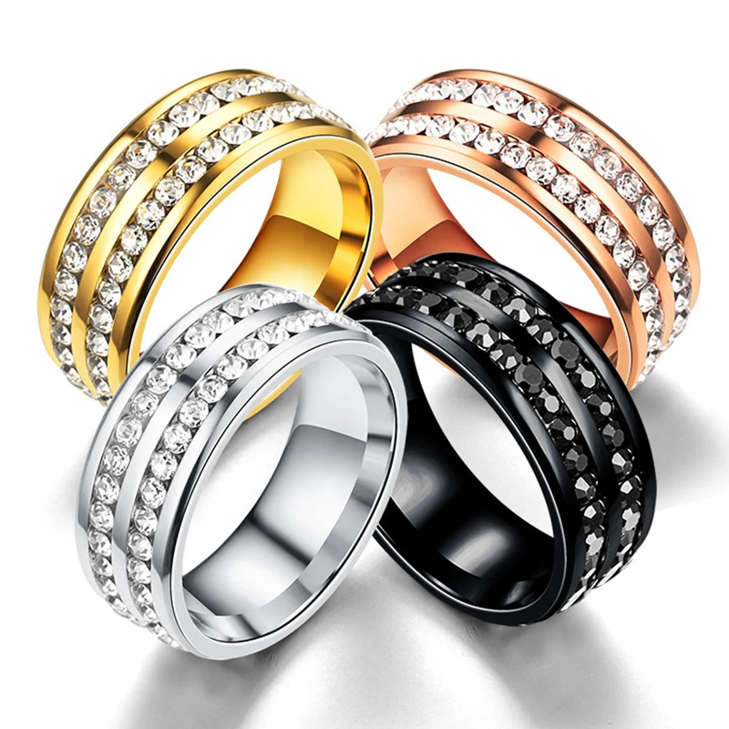 

8 mm Titanium Stainless Steel Rings For Women Men Silver Gold Color Double Row Crystal Zircon Wedding Rings Teen Jewelry Z58209