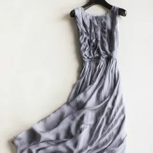 New Summer Beach Dress 100% Silk Women Gray dress Elegant Natural Fabric High Quality Hot Selling Free Shipping
