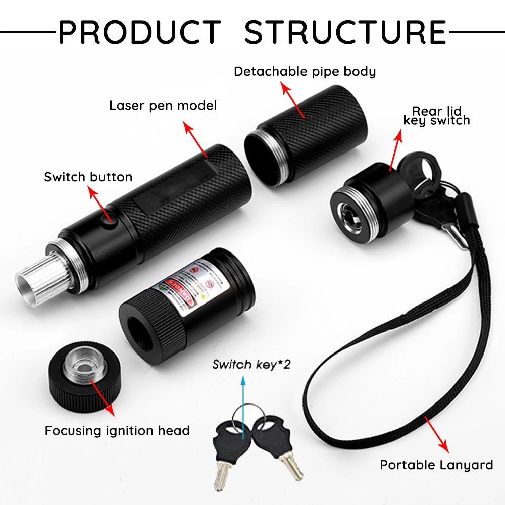 Laser de Alta Laser com Chave Laser + 18650 Potência Lanterna Ponteiro Queima Jogo Caneta Segura Verde Vermelho Bateria Carregador Caixa 532nm 3 Luzes e Iluminação