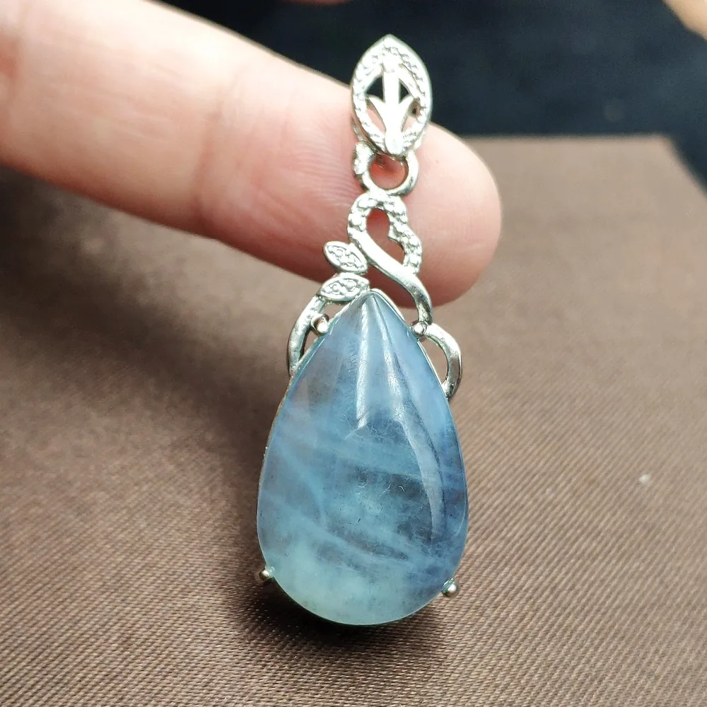 

Top Quality Natural Blue Aquamarine Pendant Woman Man 36x15x9mm Silver Plated Clear Water Drop Beads Healing Stone AAAAAA