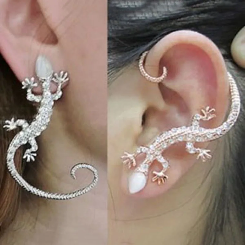 

1 Piece Punk Crystal Lizard Exaggerated Clip on Earrings for women jewelry Silver Rhinestone Animal Geckos Ear Cuffs Earrings
