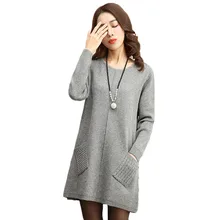 Осенне-зимний свитер с двойным карманом, однотонное платье-свитер с круглым вырезом, свободный свитер в повседневном стиле, пуловеры с длинными рукавами, H24