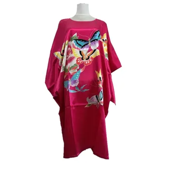 

Hot Pink S- 6XL Female Faux Silk Bath Robe Gown Summer Lounge Looose Sleepwear Print Nightdress Women Sexy Nightgown