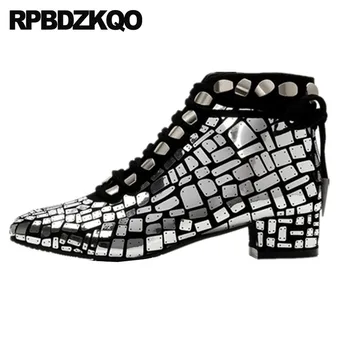 

short women square toe brand fall patent leather front lace up casual ankle boots autumn shoes chunky european sequin booties