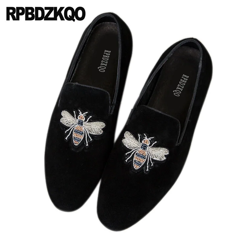Mocasines de abeja de gran tamaño niños, zapatos informales de terciopelo negro, estilo británico, para fiesta, pasarela europea, marca bordada|Zapatos informales hombre| -