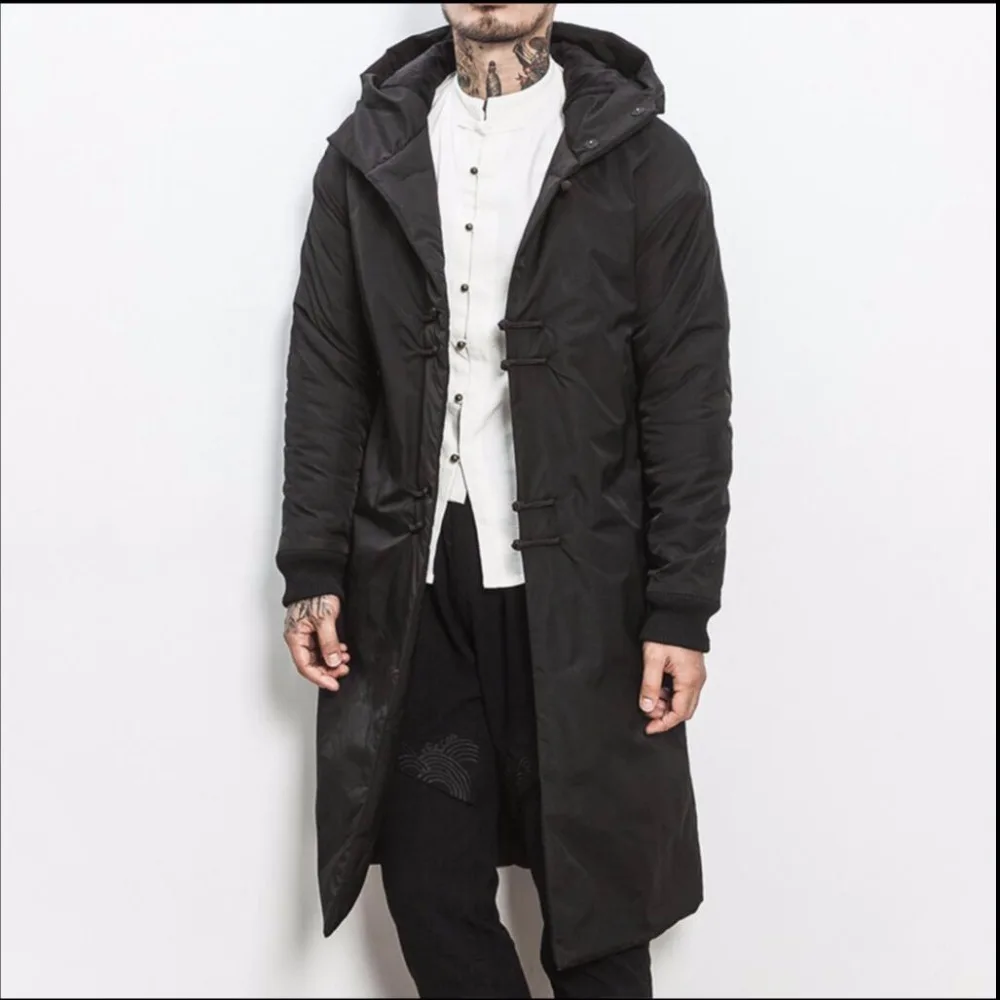M-5XL новая зимняя китайском стиле хлопчатобумажное Пальто Длинные Утепленные Пальто Мужская мода ретро плиты кнопки хлопковая черная