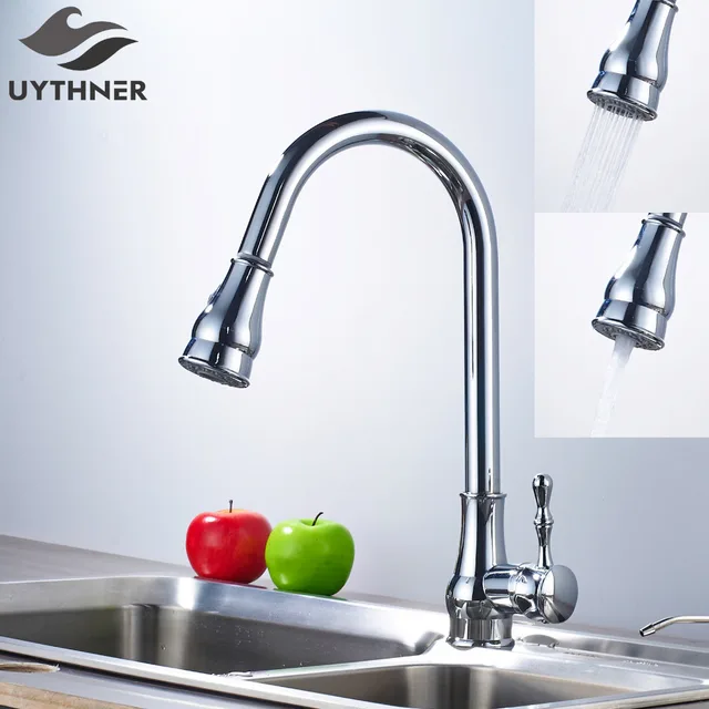 Special Price Uythner Pull Out Kitchen Faucet + Round Beads Handle + Black Ball Mixer Tap Chrome Finish