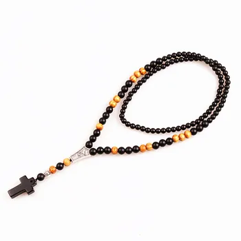 

New Black stone bead Wood Beads with black stone cross Pendant Mens Rosary Necklace Mens Mala jewelry