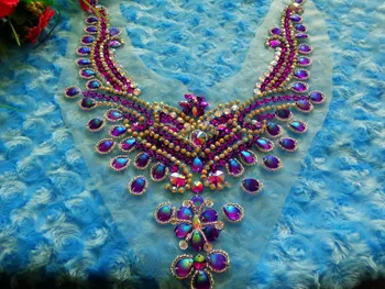 

A129 Handmade purple /clear AB colour crystal patches sew on Rhinestones applique with stones sequins beads 34*25cm