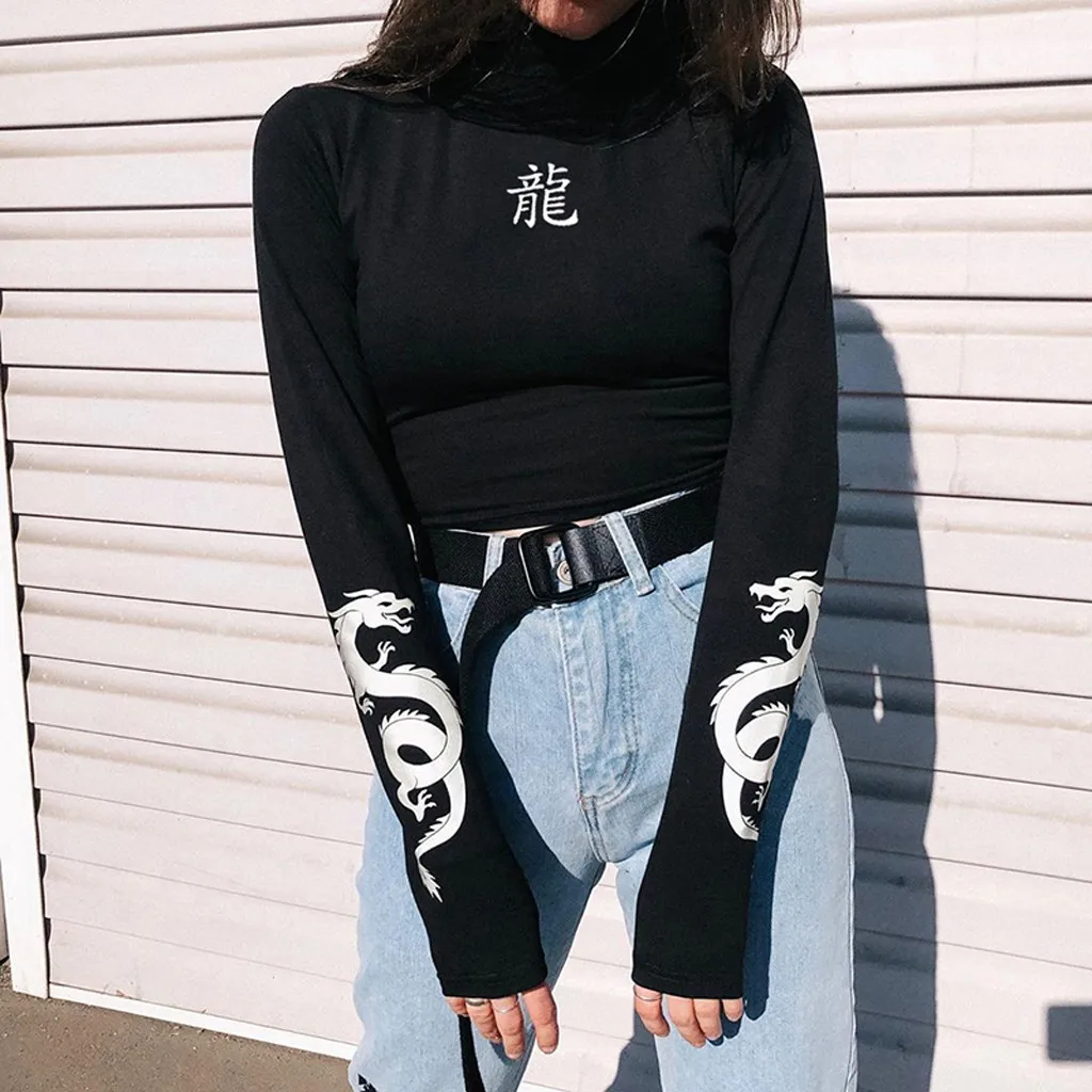 

Causal Long Sleeve Gothic Punkt Turtleneck Women's Blouse dragon-shaped Print Slim Sweatshir Blouses female shirt Crop top #XSL