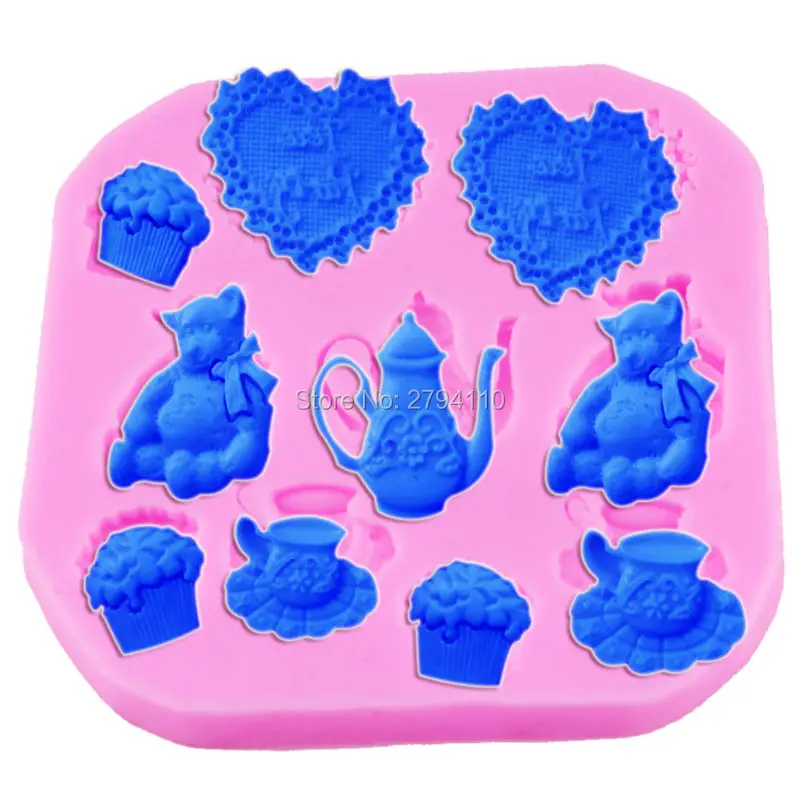 Cartoon Bear Tea Party Cake Shaped Chocolate Molds Cookie Silicone Mold Biscuits Fondant Mould DIY Baking Tools f1170 | Дом и сад