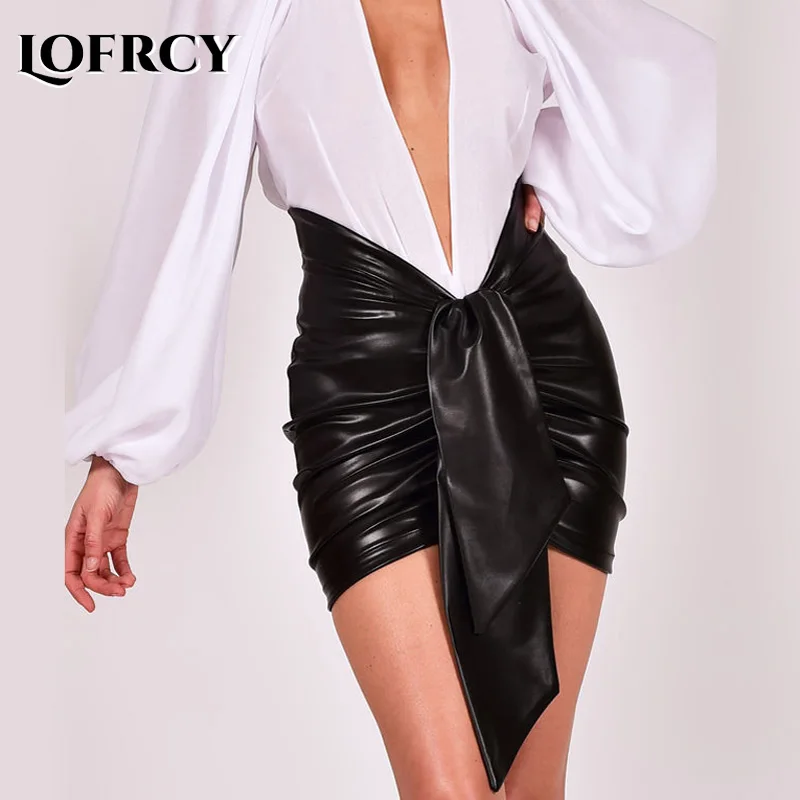 

2019 Autumn Winter PU Leather Women skirt Sexy Black Female Front Drop Draped Mini Skirts Elegant Wrap Club Party Skirt Bodycon