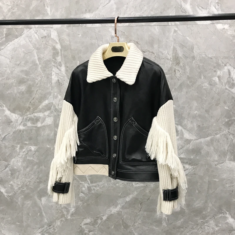Women's Short SheepskinKnitted Fringe Sleeve Jacket Thin Shorts Leather Set Genuine Leather Jacket  Genuine Leather Jacket
