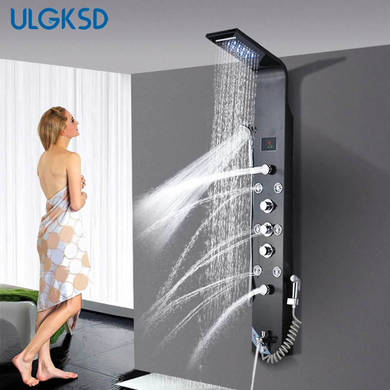 

ULGKSD Shower Faucet System LED Rain&Waterfall Shower Head Bathroom Shower Panel ORB Stainless Steel Para Shower Column