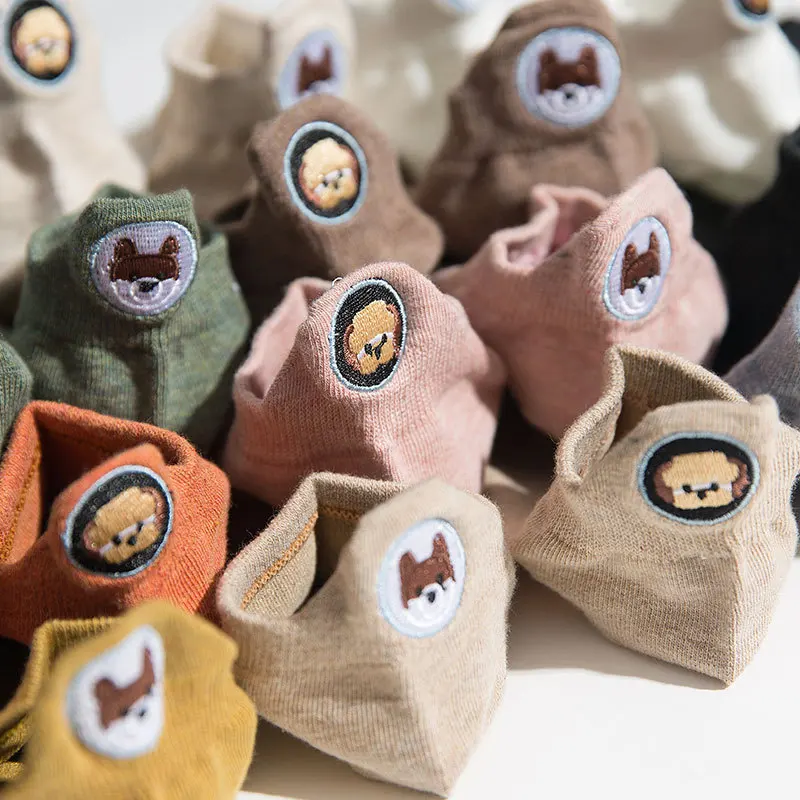 

New Lovely Socks Women Solid Cotton Heel Asymmetry Dog Embroidery Comfortable Breathable Kawaii Funny Lady's Socks Candy Colors