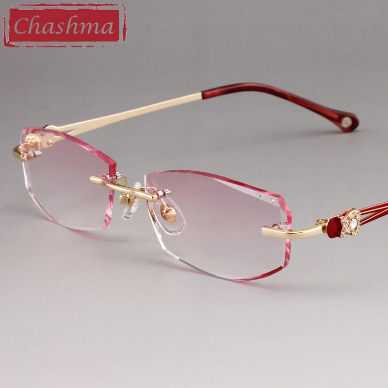 

Chashma Luxury Tint Lenses Myopia Glasses Reading Glasses Diamond Trimmed Rimless Alloy Glasses Frame Colored Lenses Women