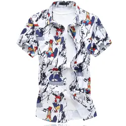 Для мужчин летняя футболка из хлопка и льна Рубашки с короткими рукавами Для мужчин петух с гавайская рубашка модные Пляжные рубашки