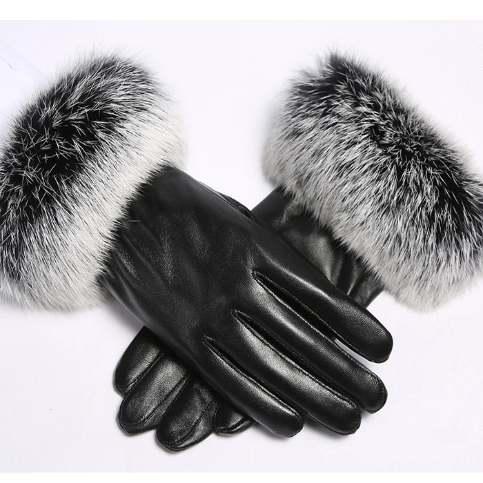 Женские черные перчатки из овечьей кожи на осень/зиму|sheepskin leather gloves|leather glovesrabbit fur
