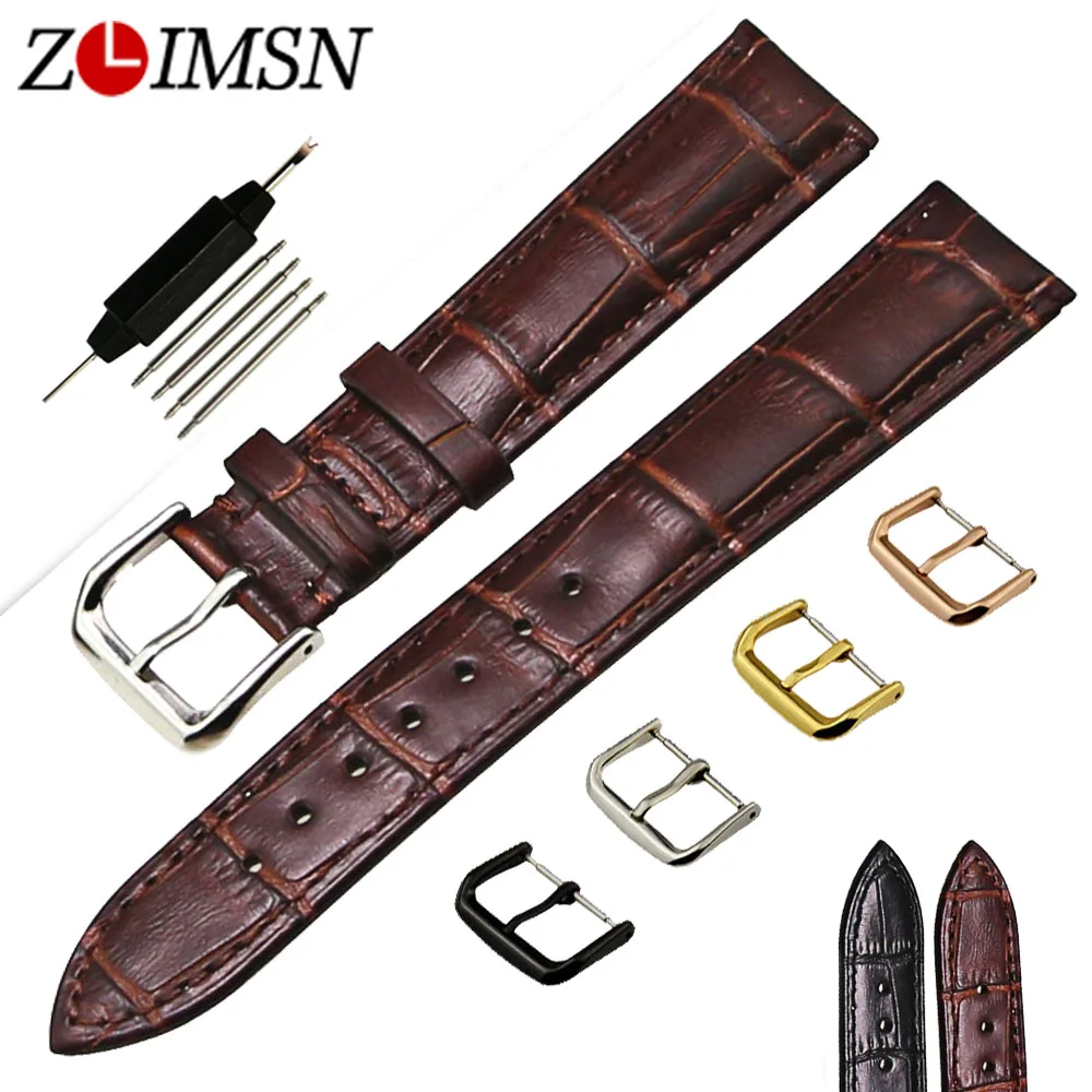 ZLIMSN Genuine Leather Watch Band 18 20mm Black Brown Strap Silver
