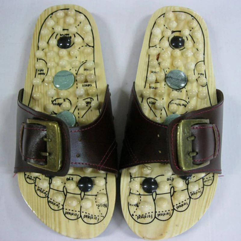 Health care Wooden base acupunture foot massage slippers natural stone acupoint massage slippers-2