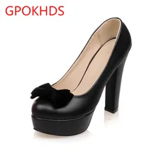 Big size 33-43 high quality hot sale 2016 new style women casual black color autumn spring bow platform high heels pumps shoes