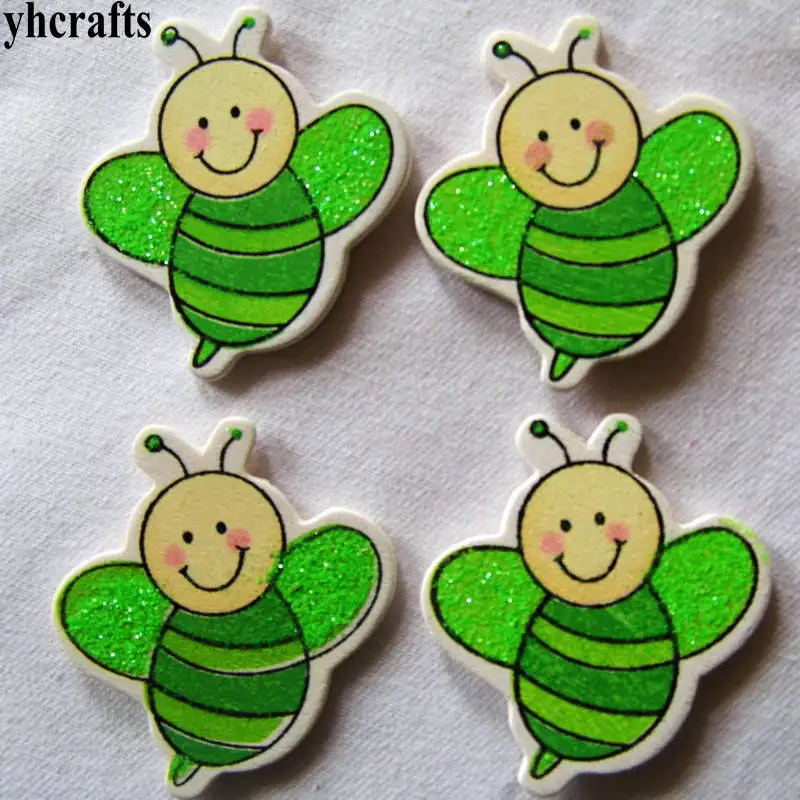 100PCS/LOT Green glitter bee wood stickers Easter Spring crafts.Kids room decoration DIY toys Craft material Scrapbooking kit | Игрушки и