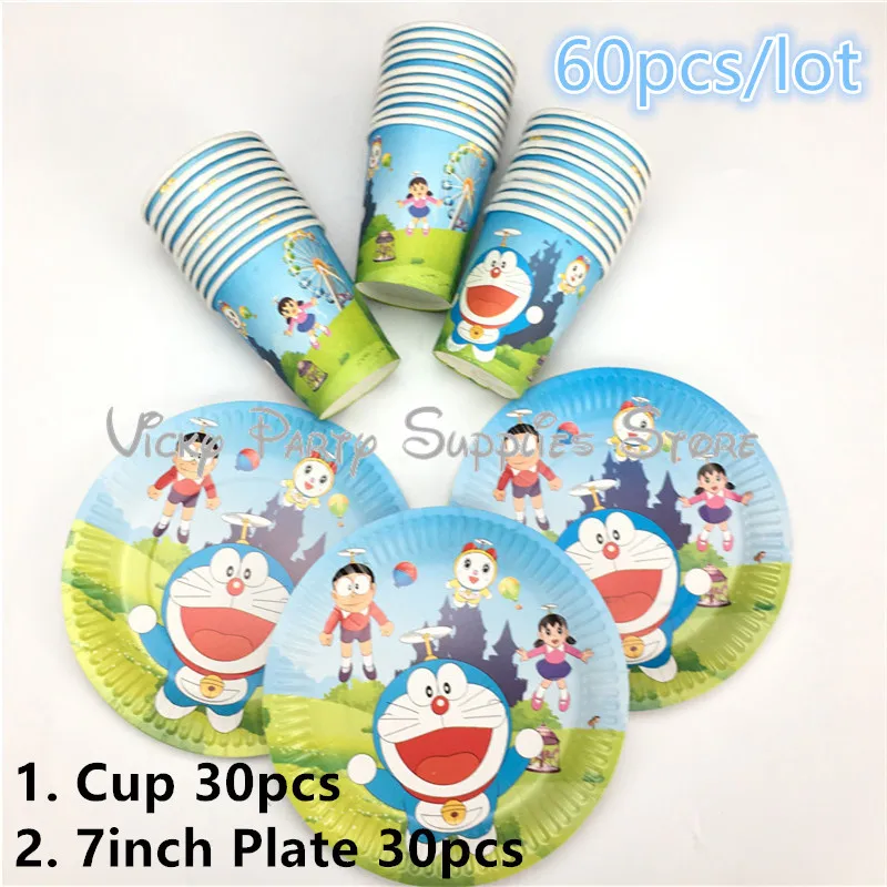 60 шт/лот мультфильм Doraemon тема кошка одноразовые Tabelware набор детский душ кружка ко дню рождения пластины вечерние украшения поставки
