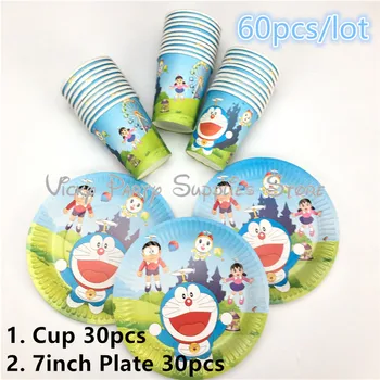 

60pcs/lot Cartoon Doraemon Theme Cat Disposable Tabelware Set Kids Baby Shower Birthday Cup Plate Party Decorations Supplies