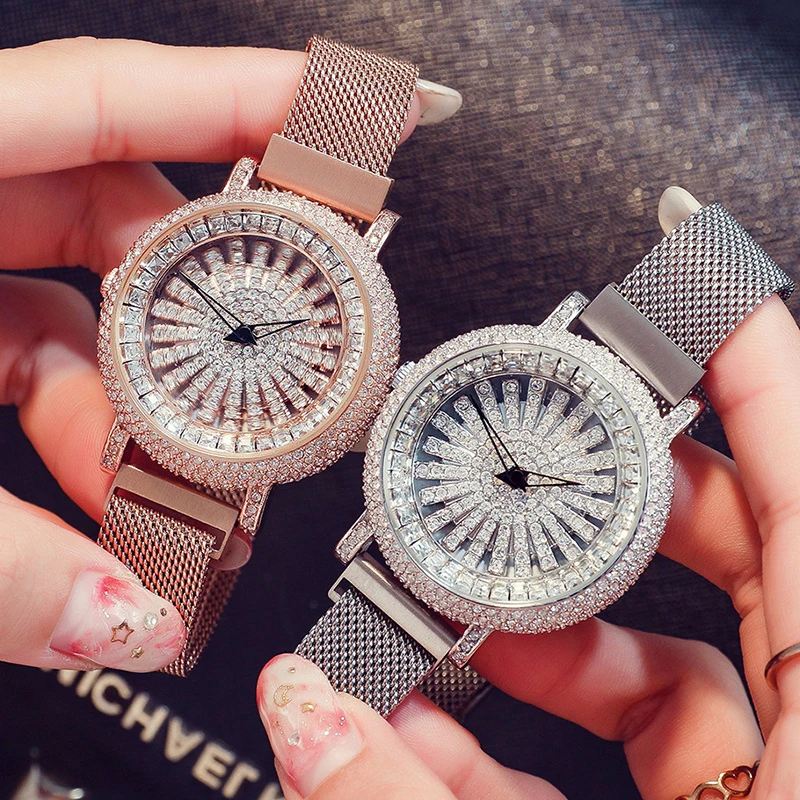 

2019 Rotation Diamond Women Watches Luxury Brand Stainless Steel Crystal Rose Gold Ladies Watch montre femme relogio feminino