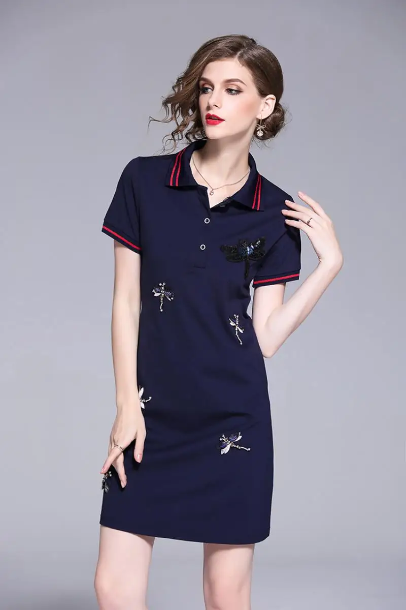 New Arrival 2018 Brand Clothing Summer Short Sleeved T-shirt Dress Women Embroidery Beading Casual White POLO Shirt Dress S-XXL