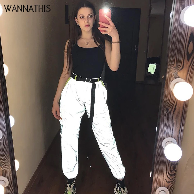 

WannaThis flash reflactive jogger pants cargo high waist camo loose women autumn summer 2019 casual gray camouflage trousers